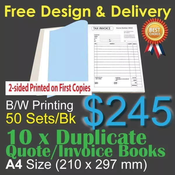 10 x A4 Customised Printed Duplicate QUOTE / Tax INVOICE Books *2-sided printing