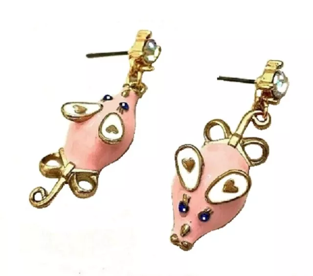 US Seller Betsey Johnson Crystal Mouse Stud Earrings Pink and White