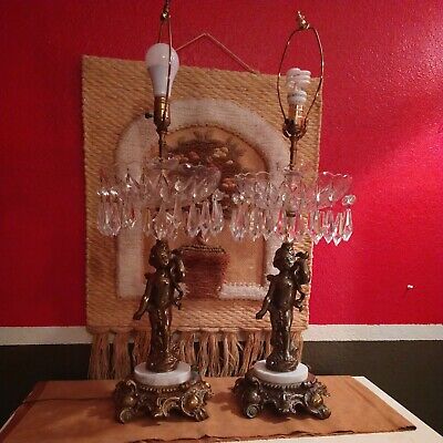Pair of 2 Vtg Solid Brass Crystal Tear Drop Marble Table Lamps w Cherubs 34"