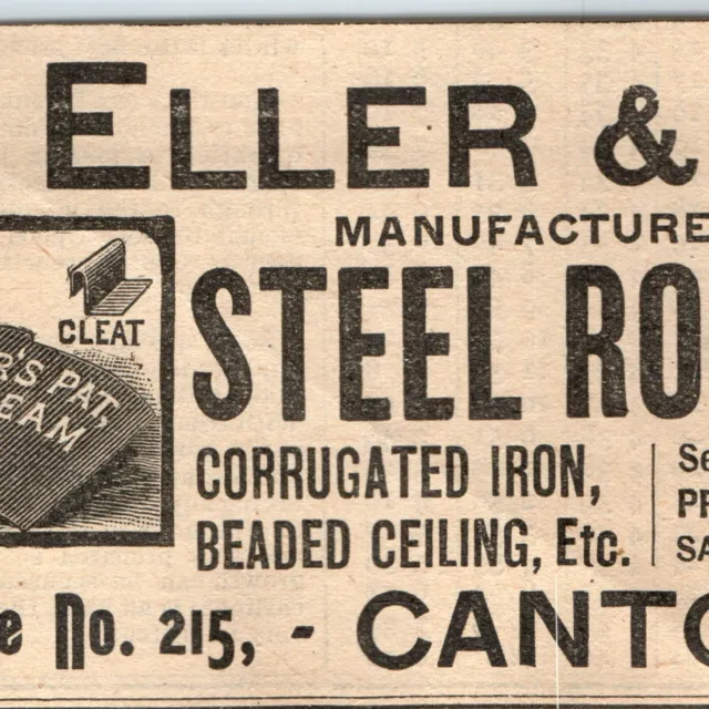 1890 Canton, OH J.H. Eller Steel Roofing Print Ad Corrugated Iron Engraved C37