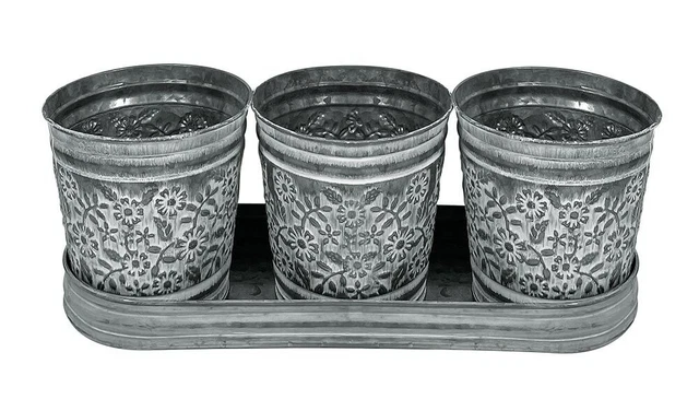 Zink Blumentopf Vintage-Stil 3 Stück mit Tablett Pflanzgefäß Kräutertopf Set 3