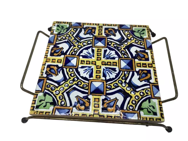 Hand Painted Vintage Spanish Ceramic Tile Mosaic Kitchen Trivet Blue Theme