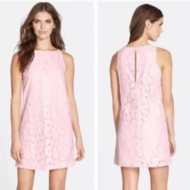 BB Dakota Pastel Pink Sheer Lace Mini Dress size 2 Sleeveless Shift Keyhole Back