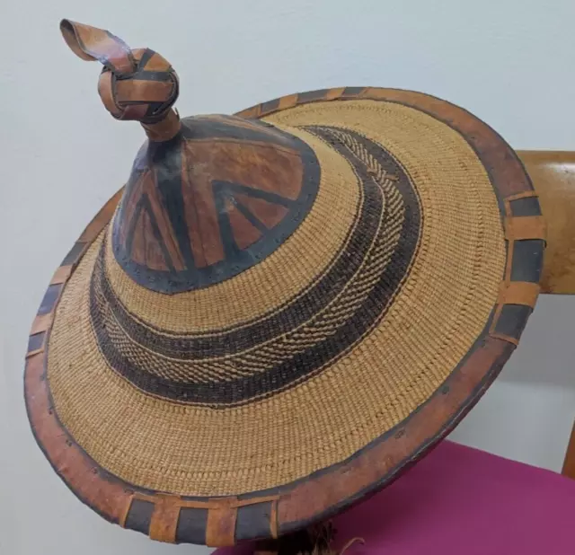 Cappello HAT Fulani Vintage Paglia E Pelle Africano Etnico Mali FATTO A MANO