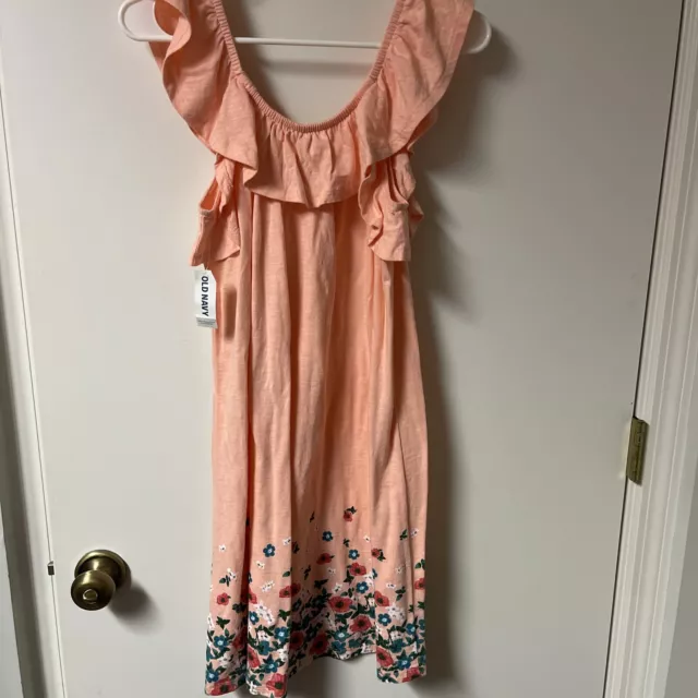 Old Navy Girls' Size XL (14) Floral Peach Colored Dress Ruffle Neckline Kids