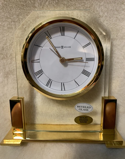 Vintage Howard Miller 613-573 Solid Brass & Glass Desk Mantle Alarm Clock Works