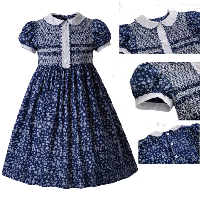 Girls Floral Navy  Pleated Dress Peter Pan Collar Hand-Smocked Prom Ceremony