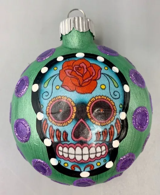 E. BARNES Sugar Skull Ornament Green Purple Glass Day of the Dead Halloween Fun