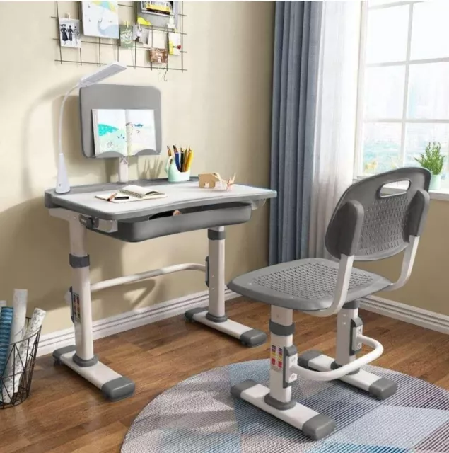 Juego de sillas de escritorio de estudio gris ajustable para niños adolescentes con cajón, lámpara, cubierta de silla