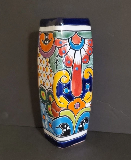 Talavera Square Vase Handmade Home Decor Mexican Pottery Indoor Outdoor 9.25"