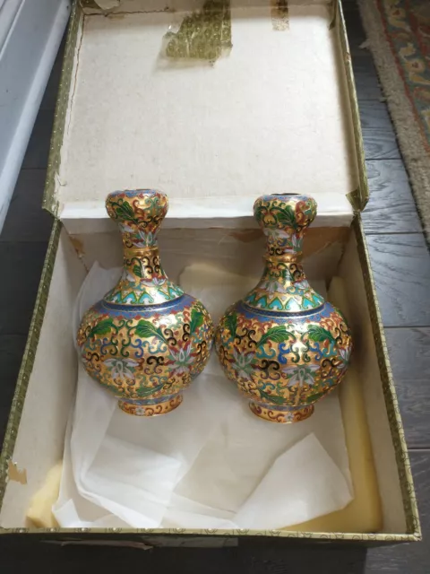 Vintage Pair of Chinese Cloisonne Enamel Vases With Stands