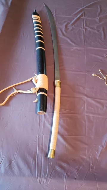 Antique Burmese Thai Dha Daab Dagger Asian Sword With Black Scabbard