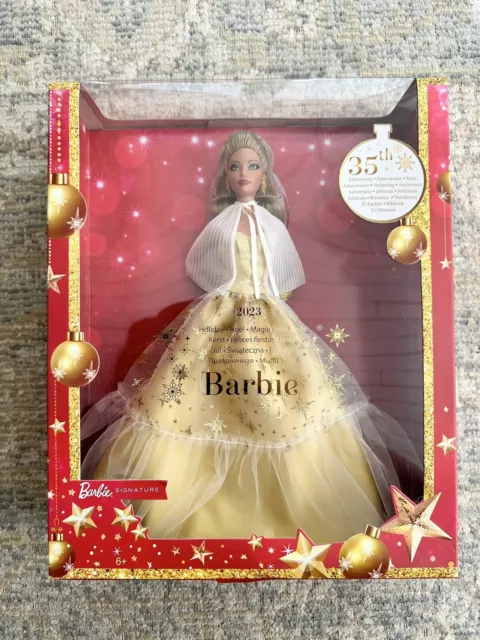 Barbie 13" Signature 2023 Holiday Collector Doll Golden Gown, Light Brown Hair