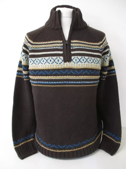Fairisle Icelandic Sweater, Brown Zip Neck Jumper, Medium, To Fit 42" Chest