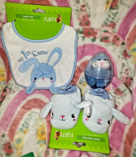 MY 1st EASTER BABY BIB & BOOTIES BLUE SMALL BLUE BUNNY BY "HAPPY GO FLUFFY" NWT