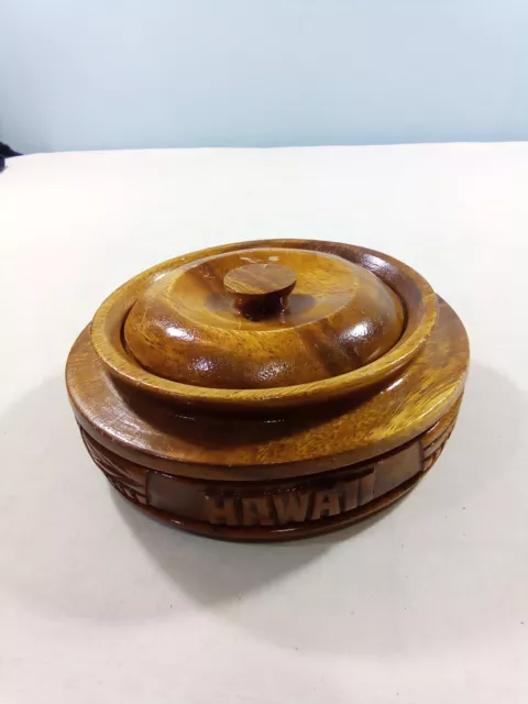 Hand Carved Round Wooden Lidded Trinket Box Container Hawaii Made In Philippines