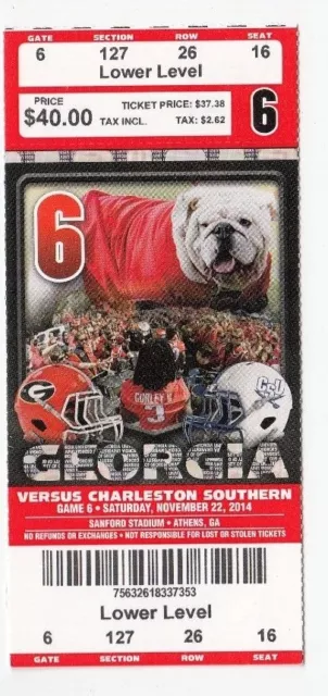 2014 Georgia Bulldogs Vs Charleston Southern Ticket Stub 11/22 College Football
