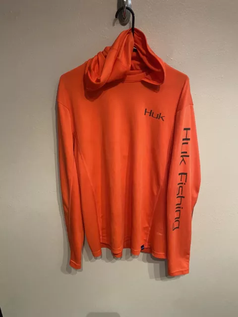 Huk Fishing Mens Large Lightweight Performance Stretch Hoodie Pullover Orange