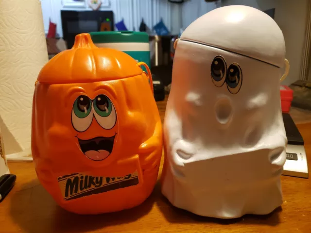Vintage 1989 Mars Snickers Halloween Ghost & Pumpkin Candy Bucket Blow Mold