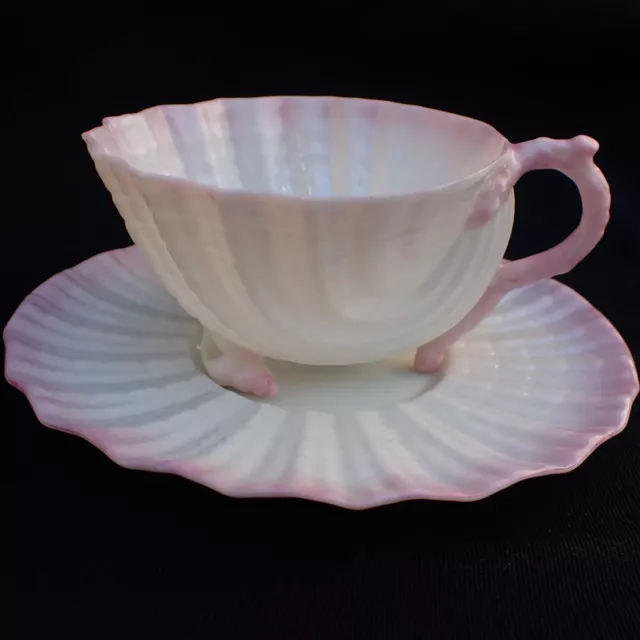 Antique Belleek Neptune Pink Tea Cup & Saucer Shell Feet & Shape 2nd Black Mark
