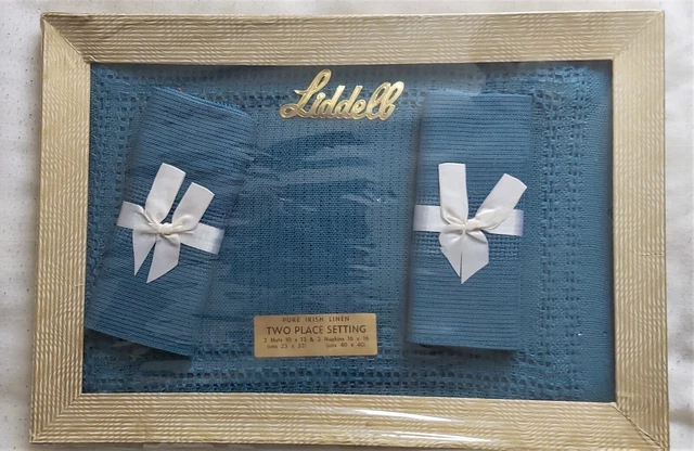 Lino irlandese Liddell impostazione 2 posti, in scatola, sigillato blu benzina vintage