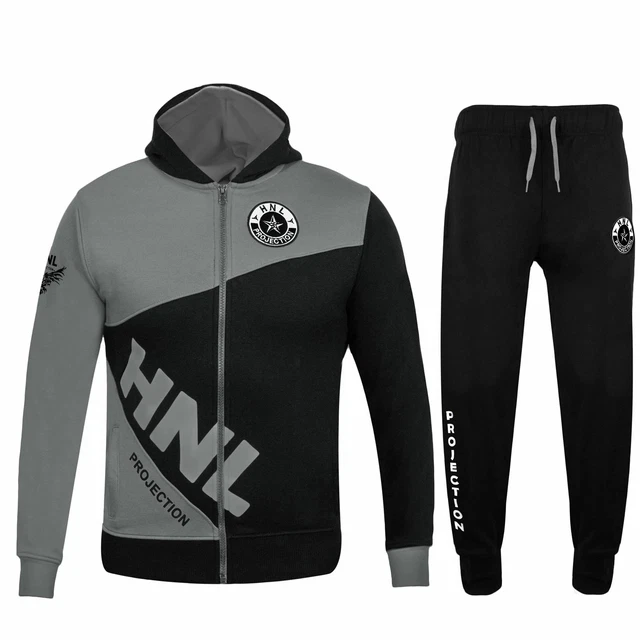 Kids Boys Girls Unisex Tracksuit Black & Grey HNL Zipped Hoodie & Bottom Joggers