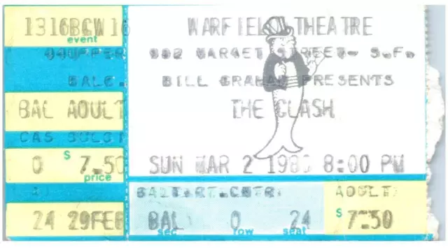 Vtg The Clash Concerto Ticket Stub Marzo 2 1980 Warfield San Francisco