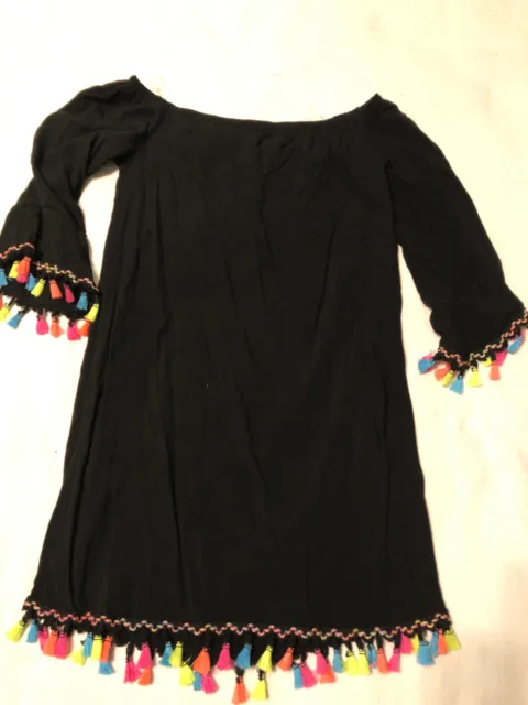 Little Black Dress - Mexican Fiesta Colorful Tassles Carnival Swim Coverup S