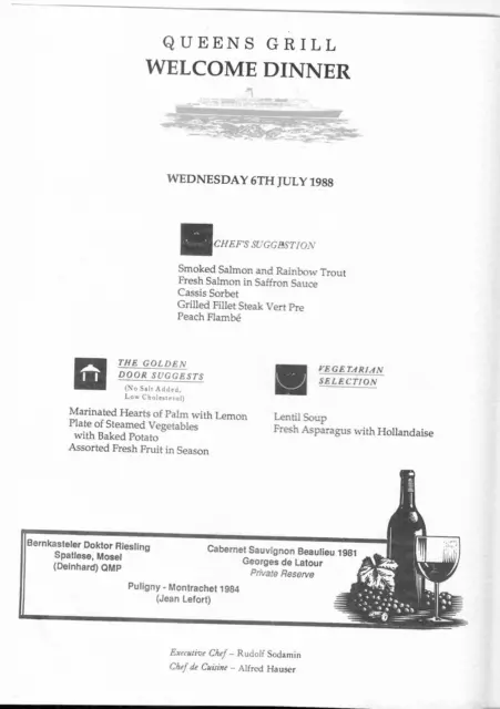 Cunard QE2 Queen Elizabeth 2 Ocean Liner Queens Grill Welcome Dinner Menu 7/6/88