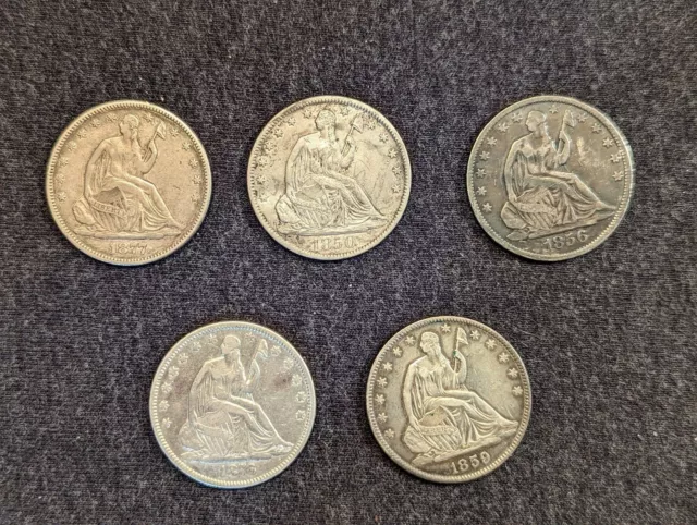 Coins Seated Liberty Half Dollar Coins 1850, 1856, 1859, 1876, 1877 (5 total)