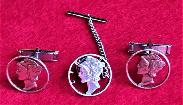 Vintage Hand Crafted Silver Lady Liberty Mercury Dime Tie Tack & Cuff Links Set