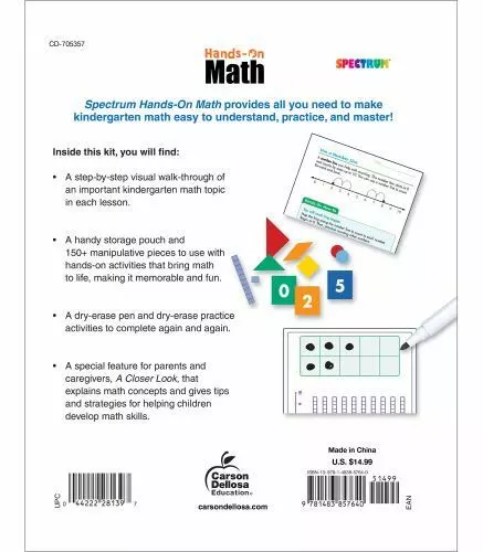 Spectrum Hands-On Kindergarten Math Workbook—Dry-Erase Counting, Addition, Subtr
