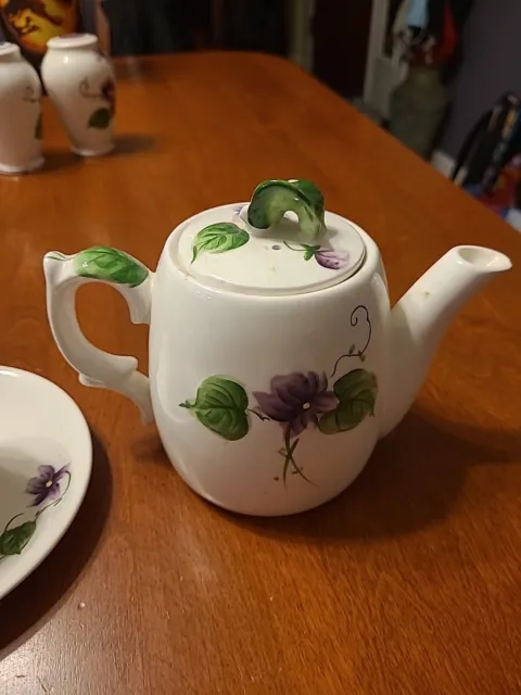 Lefton China Sweet Violets #3239 4” covered tea pot  And 2881 Cup And Saucer 3