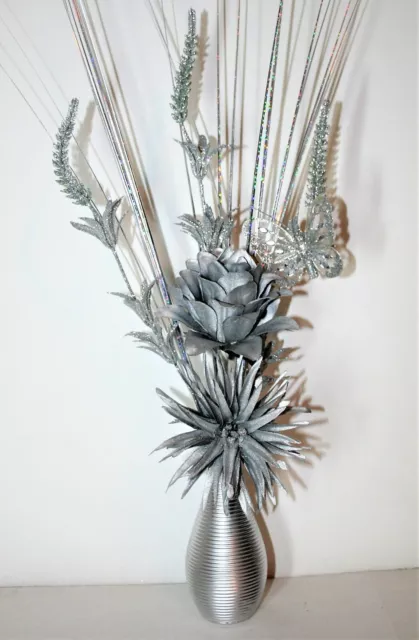 SILVER ARTIFICIAL FLOWER ARRANGEMENT IN SILVER VASE- BUTTERFLY - 45 cm High.