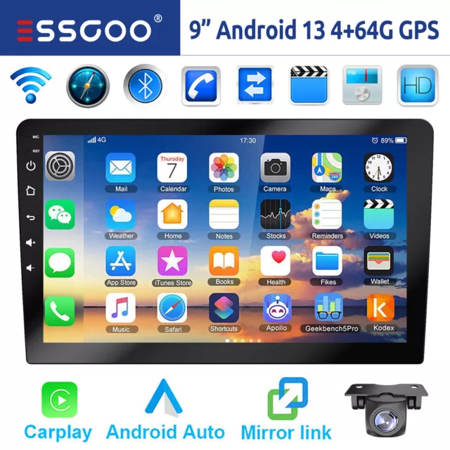Autoradio 2 DIN 9 Pollici Carplay Android 13 4+64G Bluetooth GPS FM RDS WiFi CAM