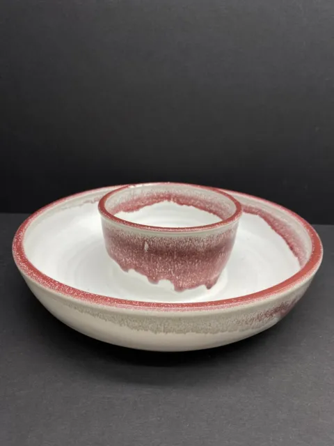 Large Vintage Colburn Art pottery Ceramic chip and dip bowl Red &White Drip