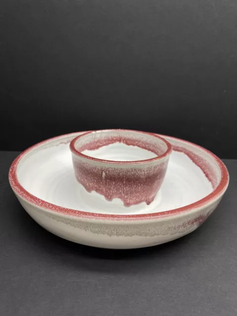 Large Vintage Colburn Art pottery Ceramic chip and dip bowl Red &White Drip