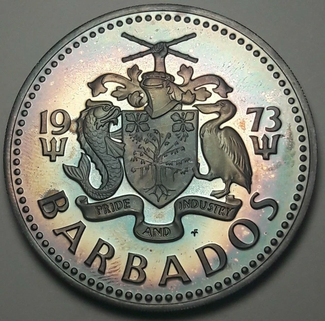 1973-Fm Barbados 5 Five Dollars Silver Proof Unc Toned Wonderful Gem Color (Dr)