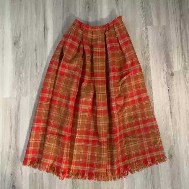 Vintage Lord Taylor Women's Wool Pleated Plaid Long Skirt Small Orange Ripped
