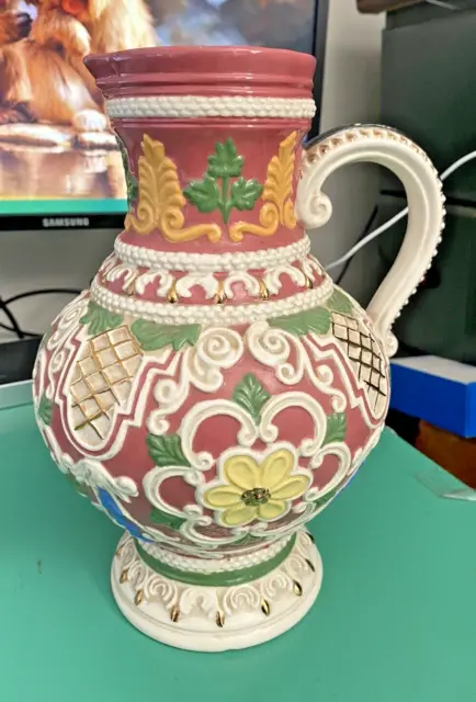 Vintage Atlantic Mold Floral Hand Painted Ceramic Water Pitcher Free Shipping!