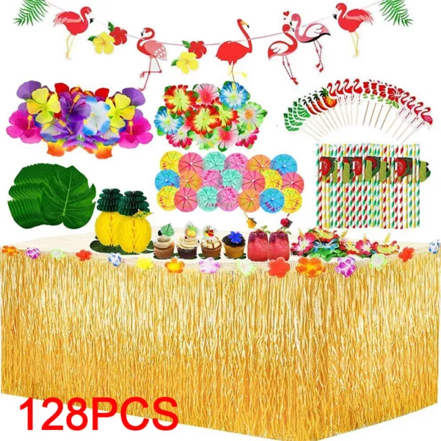 Party Decoration Set with Grass Table Skirt, Palm Leaves, Hawaiian Theme Party A