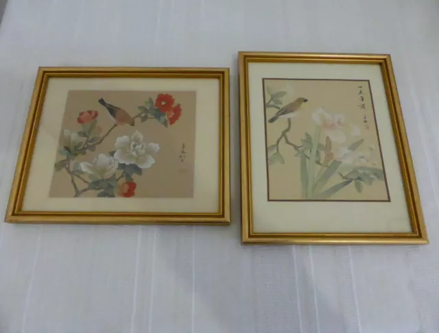 x2 Vintage 10.5" framed CHINESE CLOTH SILK PAINTINGS Birds Flowers Stunning!