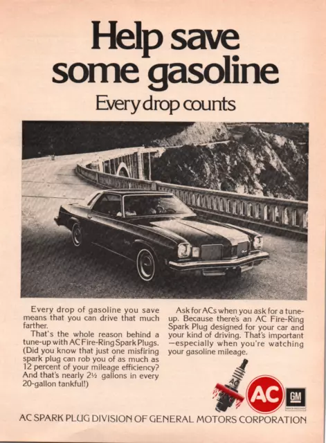 AC Fire Ring Spark Plug with Classic Car on Bridge 70s Vintage Print Ad Wall Art