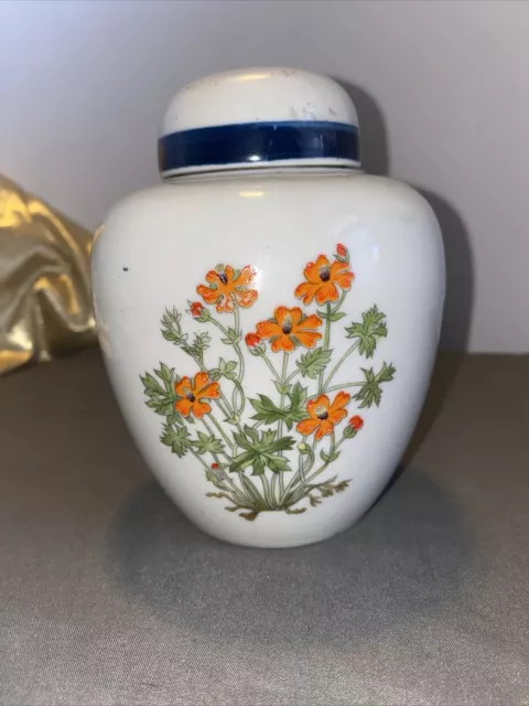 Takahashi Stoneware Counterpoint Ginger Jar Orange Floral  With Lid Vintage 5”