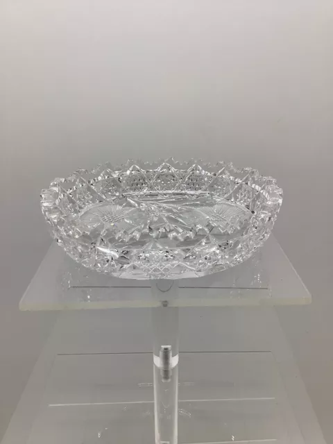 Vintage American brilliant cut glass 6” bowl with etched flower pattern