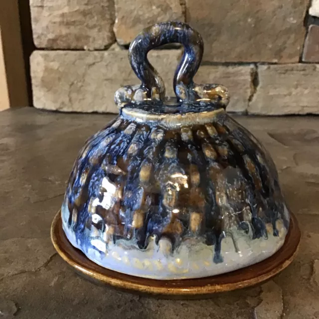 Rustic Studio Art Pottery Stoneware Round Lid Butter Dish 4.5" Blue & Brown.