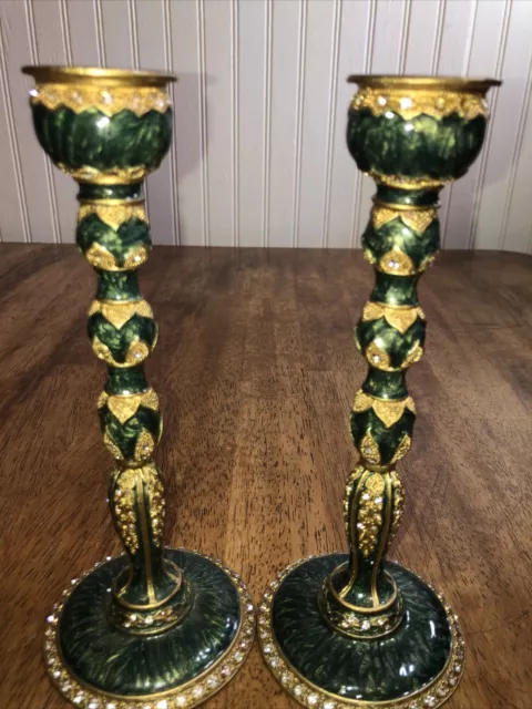 Pair of Golden Bronze? green rhinestone embellished candle stick holders 8”