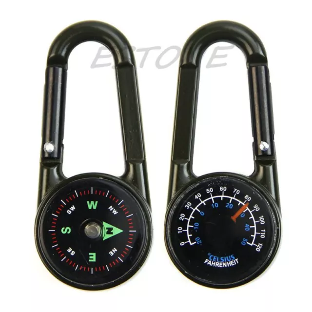 Outdoor Multifunctional Hiking Metal Carabiner Mini Compass Thermometer Keychain