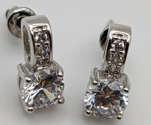 13 Mm Long Silvertone Stud Earrings Round Cut 6 Mm CZ With Pave Underneath