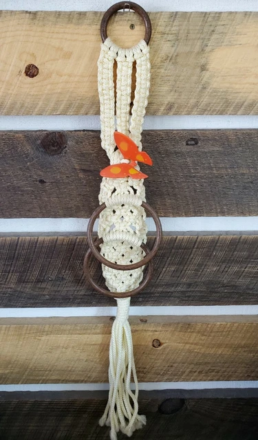 Vintage Handmade Off White Macrame Towel Hanger Wood Rings Orange Butterfly